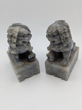 Gray Hand Carved Soapstone Chinese Guardian Lion Foo Dogs